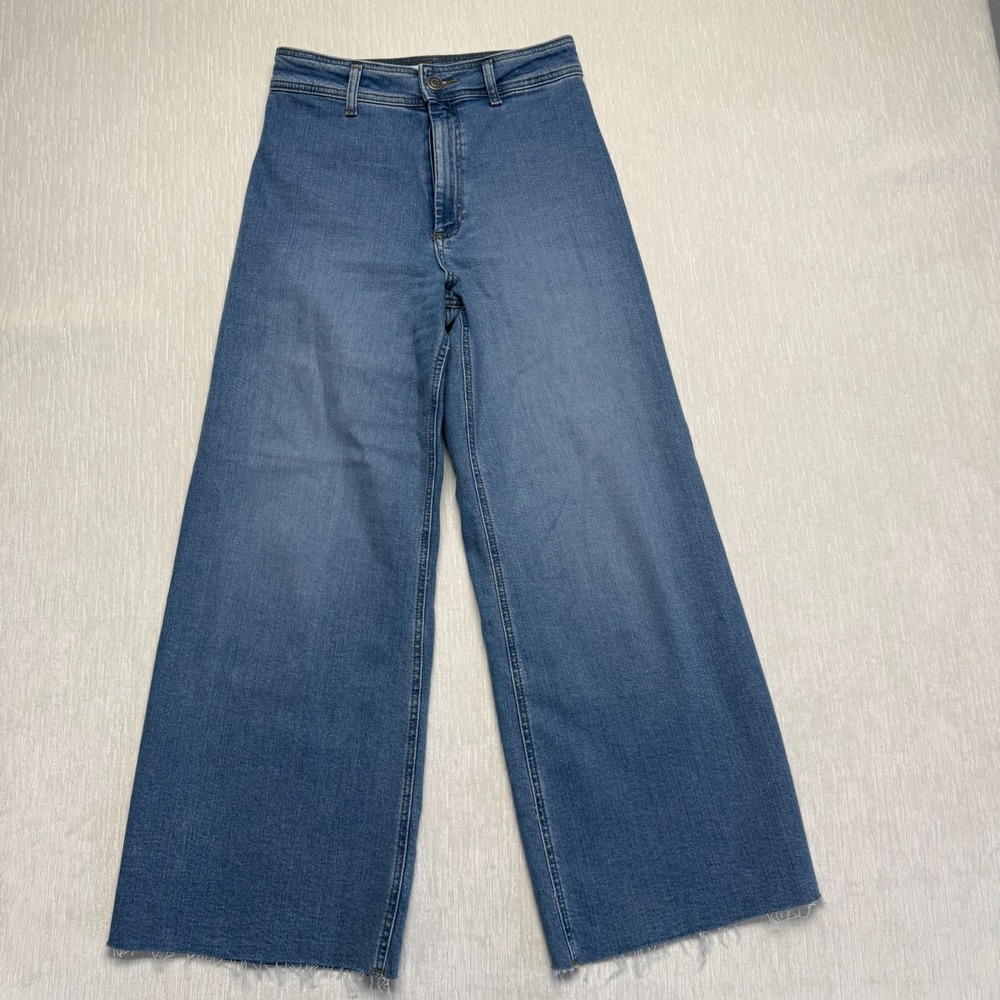 Zara Wide Leg High Rise Jeans Women 8 Blue Denim Cotton Cotton Trendy Raw Hem